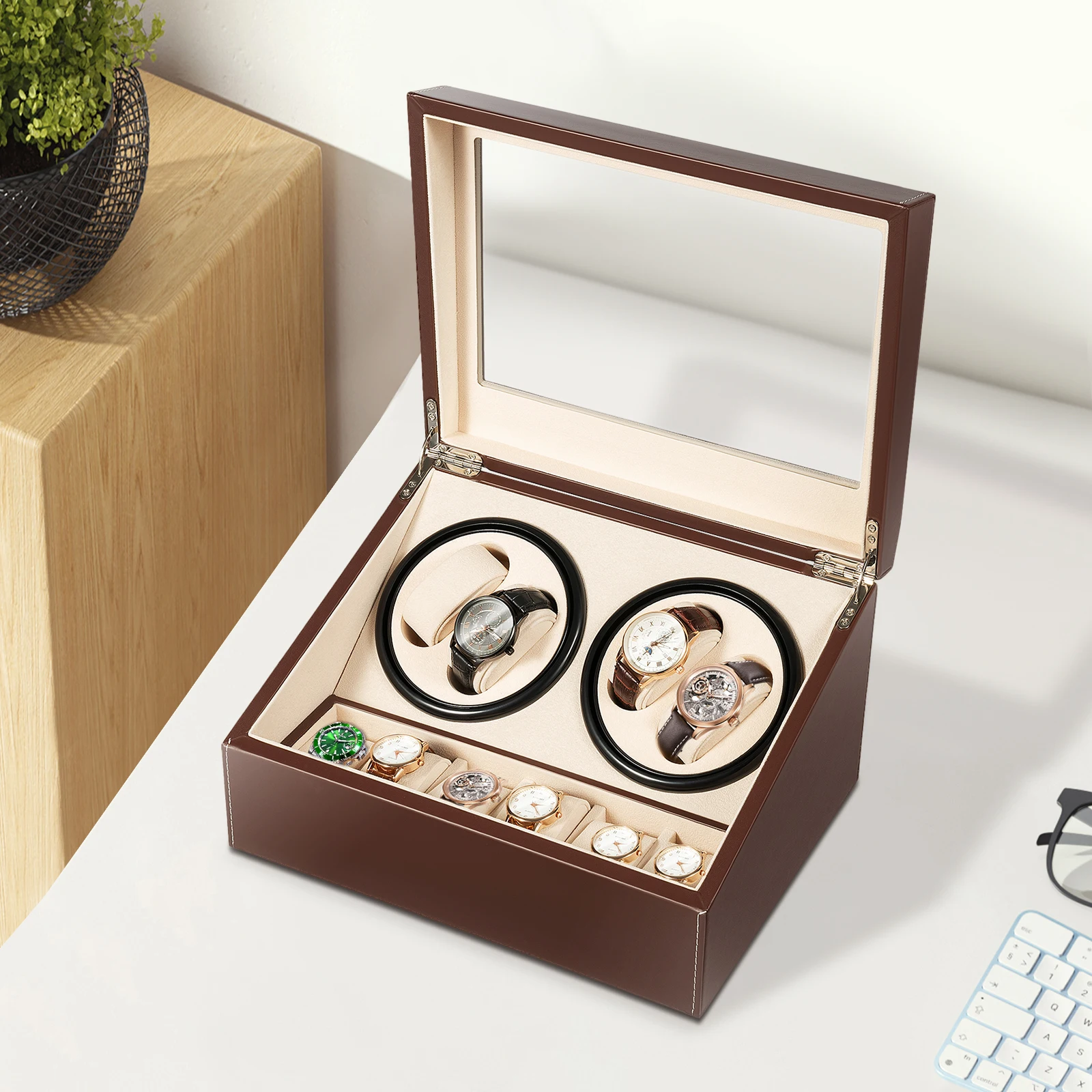 4 + 6 بني/أسود ملفاف ساعة دوران تلقائي تخزين جلدي ساعة عرض صندوق حامل لعرض المتجر ، ديكور المنزل #1