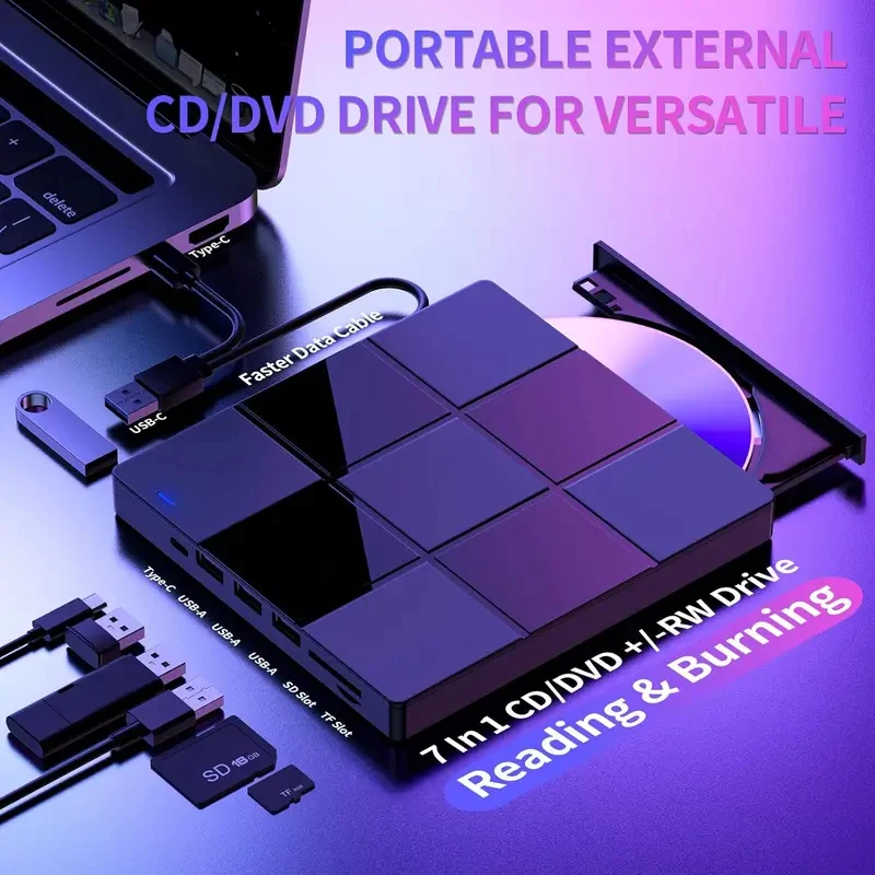 

Ultra Slim 9.5mm External DVD CD Burner Portable USB3.0 Type‑C Optical Drive with Card Reader for Notebook Desktop Computer