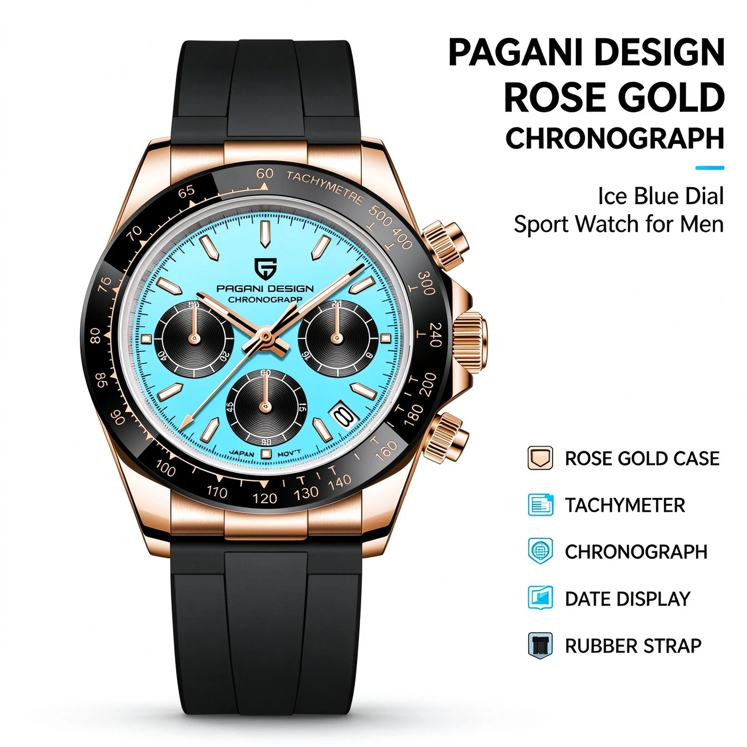 PAGANI DESIGN Men Chronograph Watch Rose Gold Case Ice Blue Dial Tachymeter Japanese Movement Date Window Black Rubber Strap Waterproof Sport Quartz Wristwatches