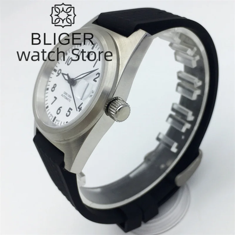 BLIGER NH35A PT5000 Automatic Watch For Men 38mm Brushed Case Sapphire Glass Black White Blue Green Dial Luminous Rubber Strap