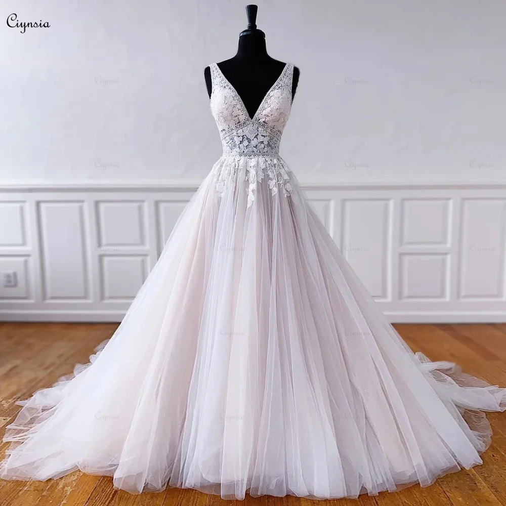 

Ciynsia Sexy V-Neck France Lace Bridal Dresses Vintage A-Line Tulle Wedding Gowns for Women 2024 Bride Ivory Robes De Mariée