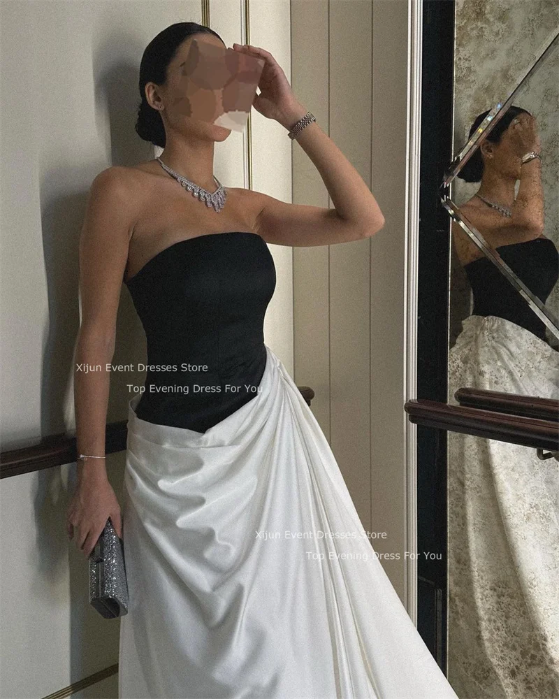 Xijun Classic White And Black Evening Dresses Strapless Satin Taffeta Pleats Women Long Prom Gowns Formal Party Dress Vestidos