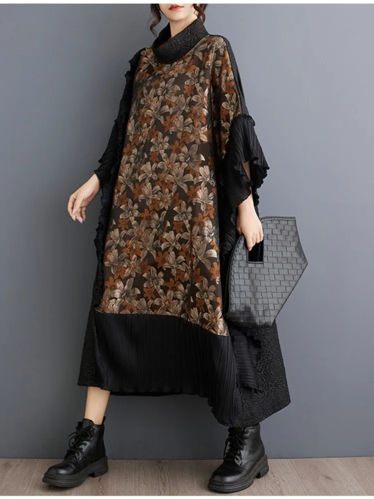 Oversized Autumn long Dress Women Floral Print Patchwork Fashion Ladies Dresses irregular Loose Ruffle Pleated Woman Dress