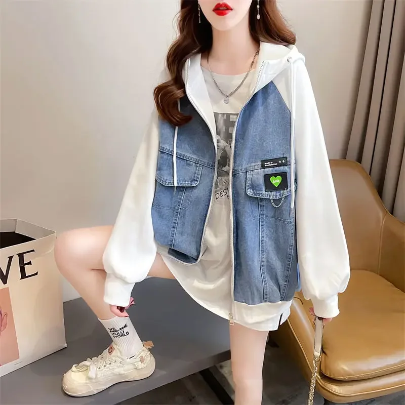 

Patchwork Blue Woman Jean Coat Spring Autumn Denim Jacket for Women Outerwear Off White Hooded Demi-season Designer