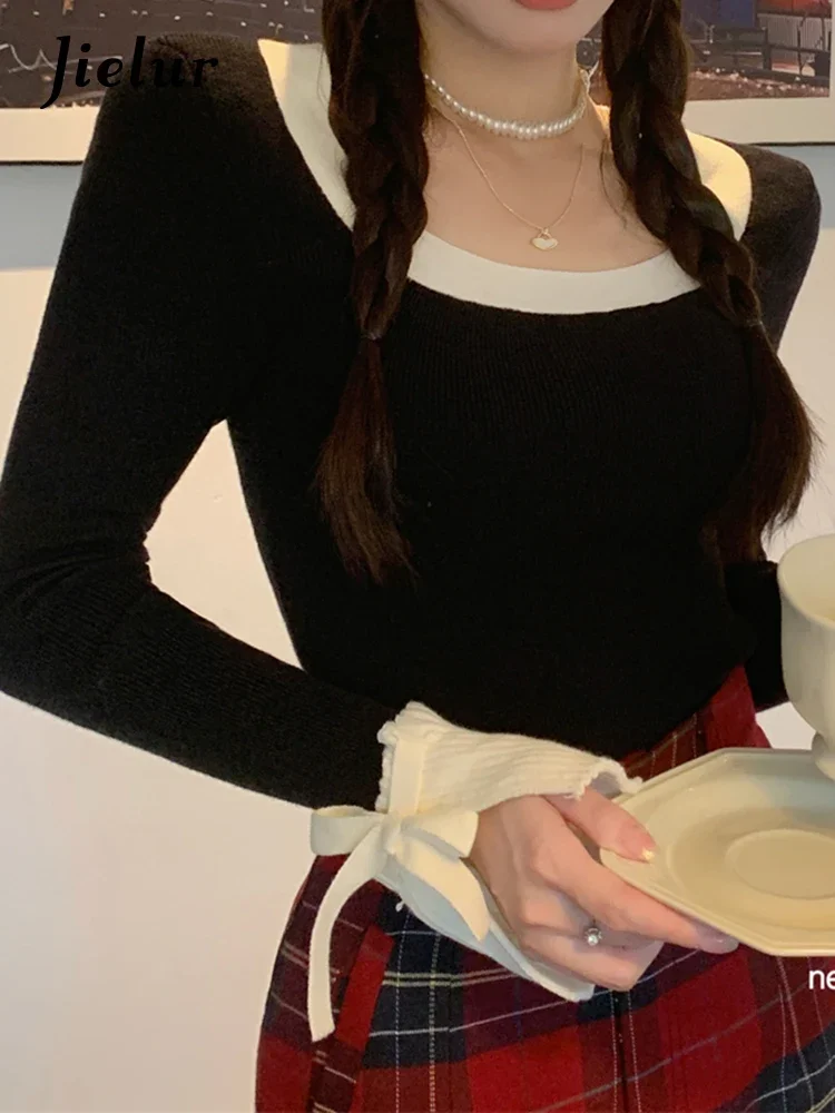 

Autumn New Contrast Casual Pullovers Woman Sweet Ladies Street Pullovers Female Black White Chicly Knit Women Pullovers