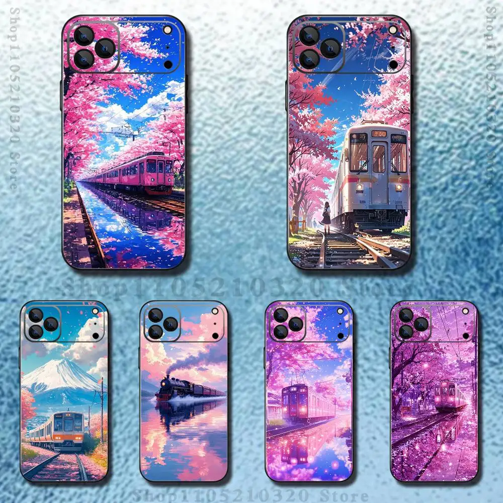 

Cherry Art Blossom Train Phone Case For iPhone 17,16,15,14,13,12,11,Pro,Max,Plus,E,Air,Mini Protective Black Cover
