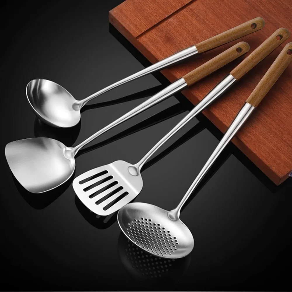 

17 Inch Extra Long Metal Wok Spatula Set 4 Pieces Professional Heat Resistant Wooden Handle Skimmer Ladle Turner