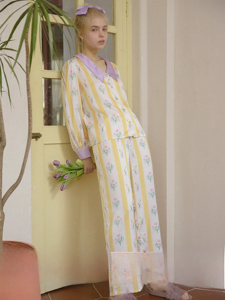 

Gulinao RooMance Color Block Stripe Print Sleepwear Set Women's Summer Home Clothes Ice Silk Short Sleeve Square Collar Bubbl...