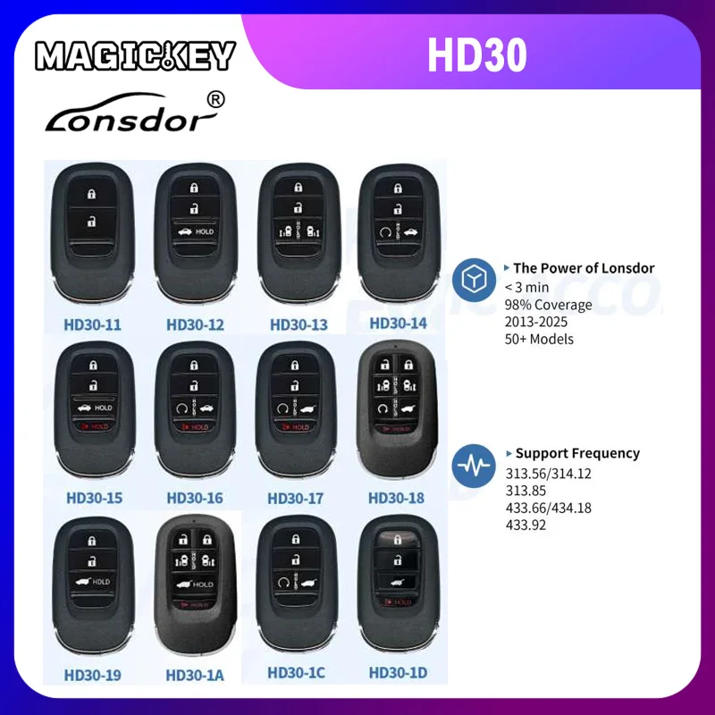 Lonsdor for HONDA HD30 Series Keys HD30-13 HD30-18 HD30-1D CIVIC/ ACCORD/ CR-V/ ODYSSEY/ HR-V.etc ID46 ID47 ID4A 2013-2025