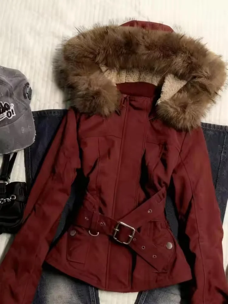 Vintage Hooded  Autumn Winter Fleece Jacket Fashion Goth Fur Collar Short Outwear American Female Warm Quilted Coat High Street