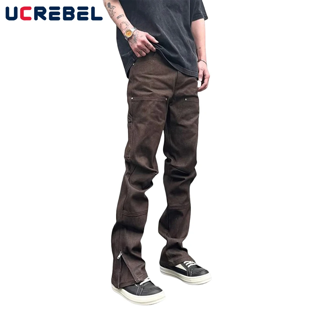 Top Stitch Carpenter Pant Mens Double Knee Solid Color High Street Straight Hem Zipper Trousers Men Jeans