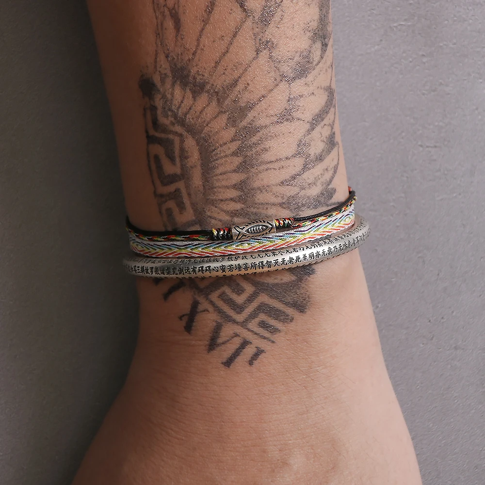 3pcs/set 999 Pure Silver Buddha Heart Sutra Open Bangle Fish Charm Bracelet Tibetan Knot Braided Rope Stack Ethnic Hand Jewelry