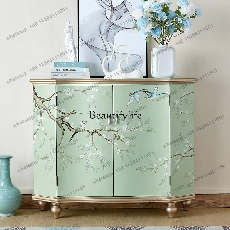 yj7 American rural retro entrance cabinet solid wood dining side cabinet flower and bird art