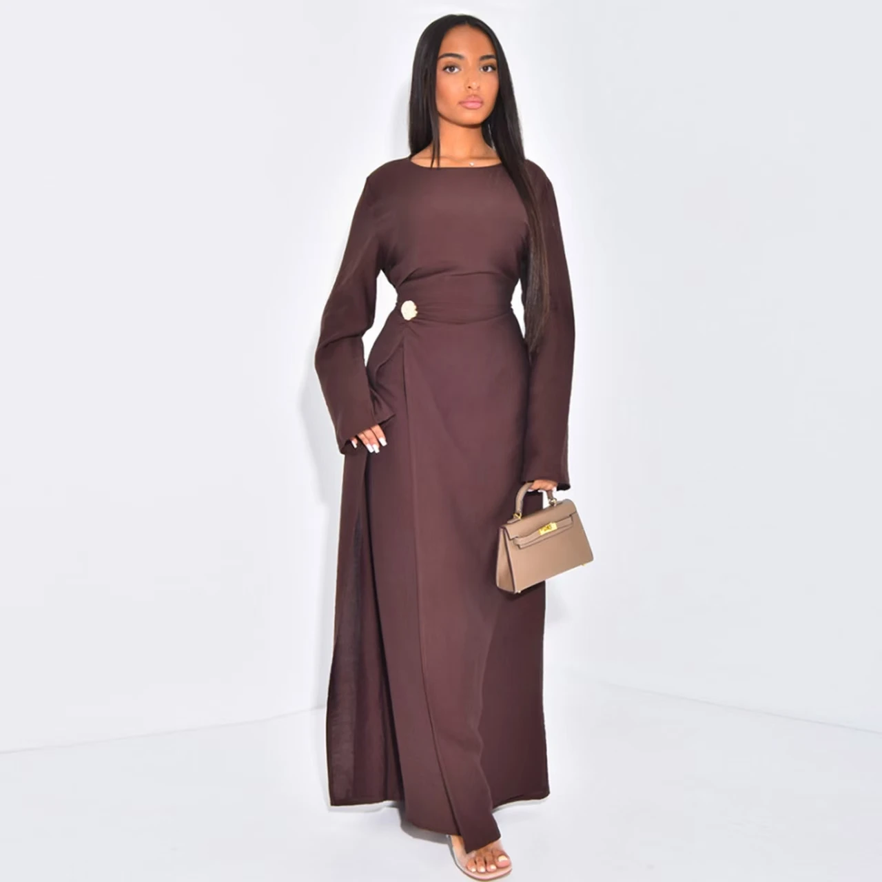 Ele High Waist A-Line Long Dr Faionable Round Ne Svel Midi Dr للنساء Stand Fit للارتداء اليومي