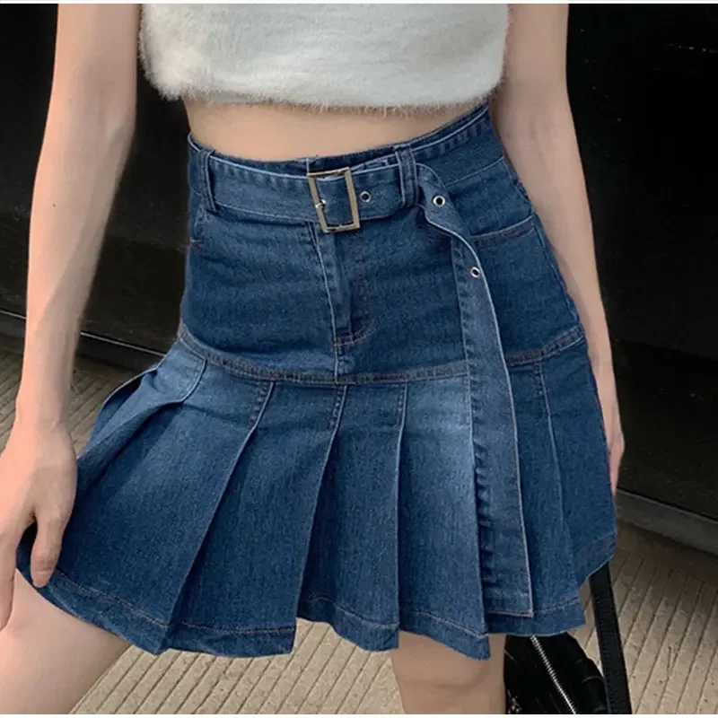 

Low Waist Pleated Skirt Summer Y2k Street Independent Aesthetics Wrapped Belt A-line Skirt Female Korean Fashion Ruffle Skirt