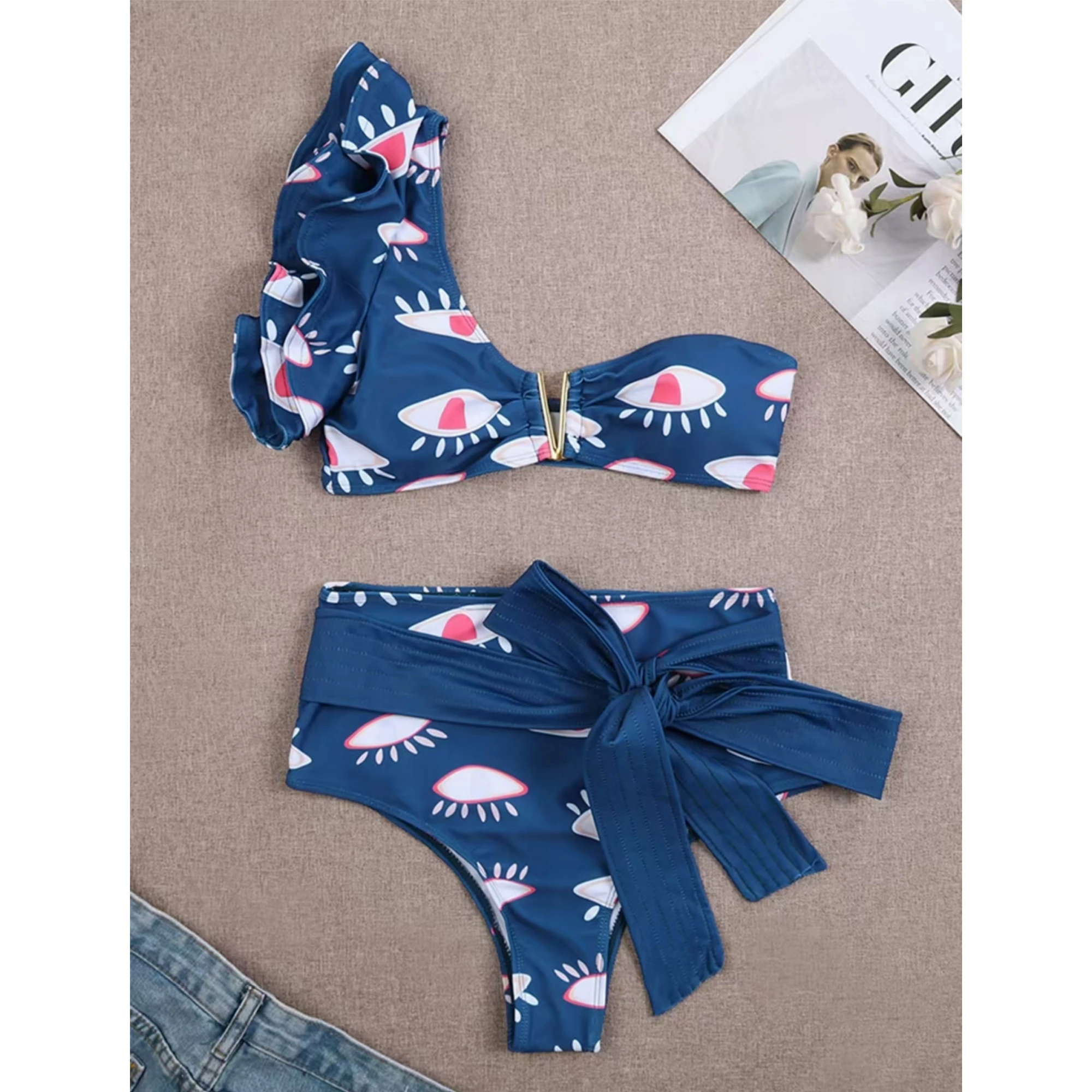 

Бандажный комплект бикини с цветочным принтом и высокой талией для женщин, бразильский бикини с пуш-ап и рюшами на бретелях, купальник на одно плечо