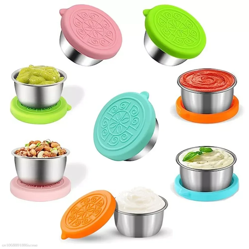 

Sauce Cup Silicone Cover Leak-proof Salad Tomato Sauce Bento Saucer 304 Stainless Steel Sauce Cup with Cover Small Storage Box