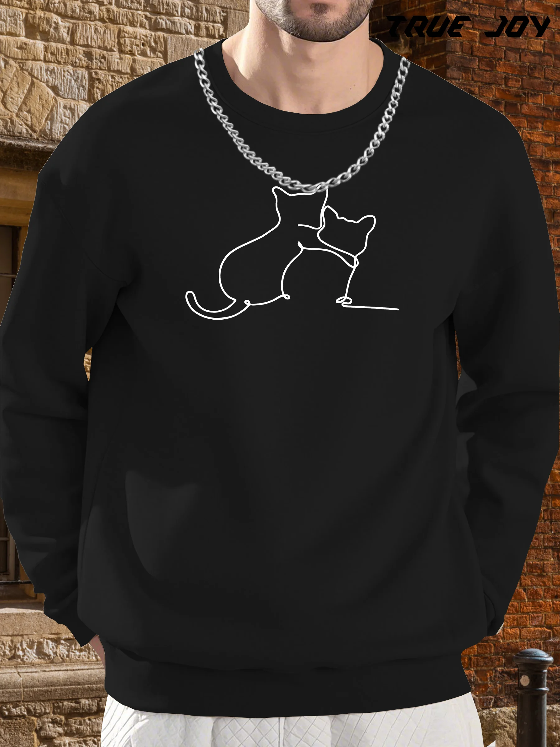 

Simple & Cute! Line Art Cat Print Men's Versatile Long-Sleeve Round Neck Shirt – Perfect for Spring, Autumn