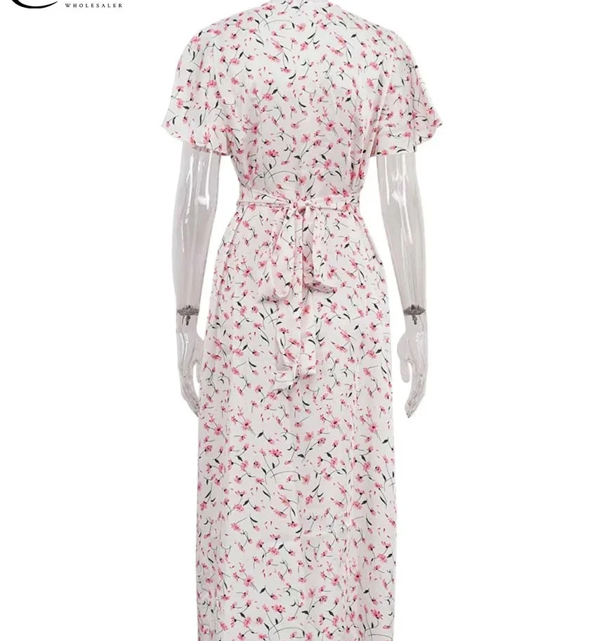 Robe élégante imprimée abricot pour femmes, mode col en v, manches courtes, à lacets, simple boutonnage, mi-mollet, nouvelle collection automne