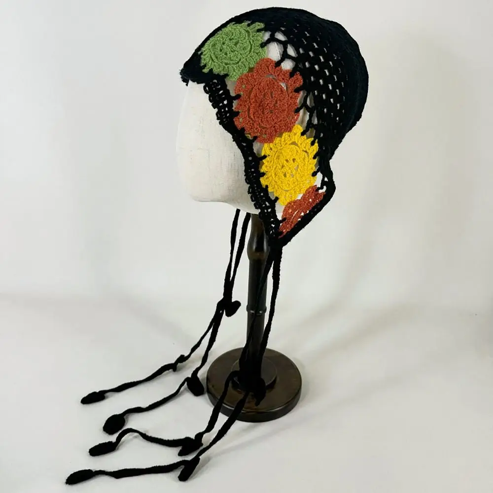 Gorro estilo pastoral francês, chapéu boêmio de malha, lenço, flor, artesanal, crochê, meninas, faixa de cabeça, toalha