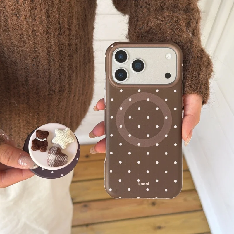 

Shockproof White Dots Pattern Magnetic Brown Phone Case with Bear Holder for iPhone 17, 16, 15, 14, 13, Pro, Promax