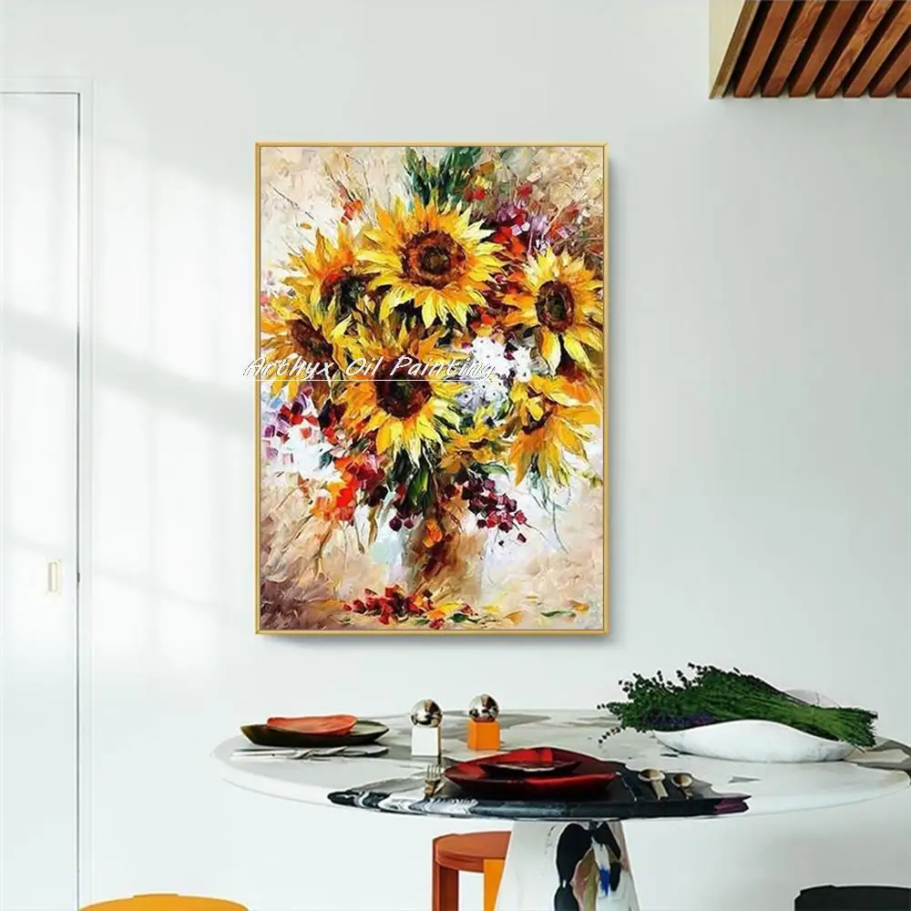 Arthyx Handpainted Abstract Knife Sunflower Oil Painting On Canvas,Modern Home Decoration Large Wall Art,Picture For Living Room