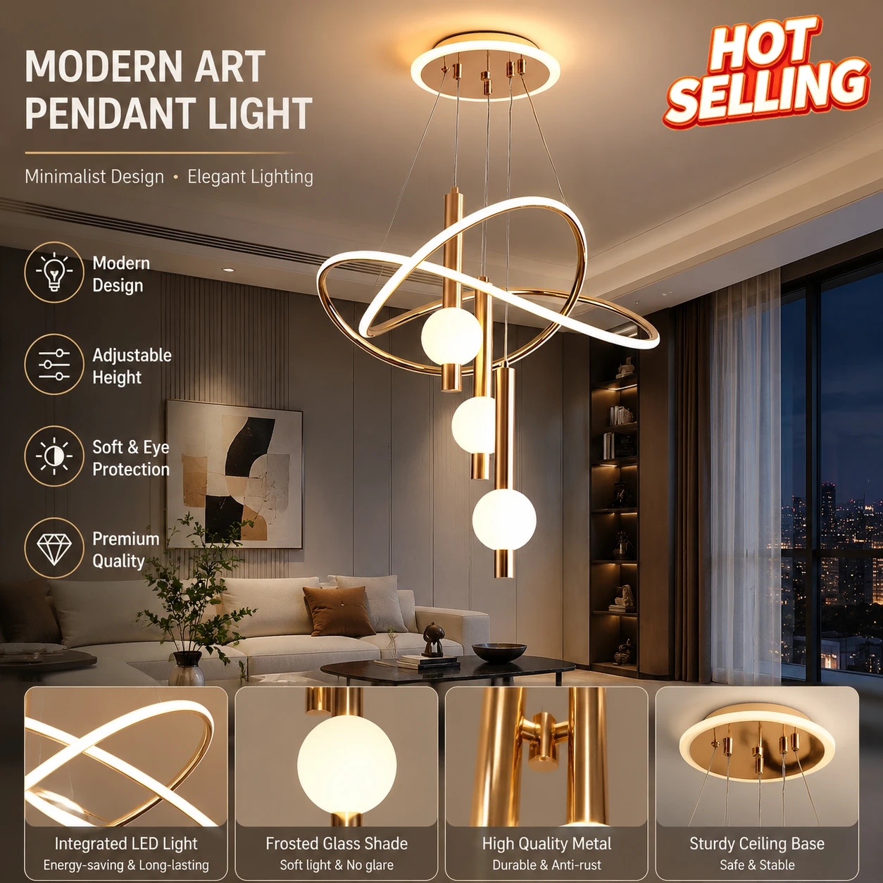 Modern LED Chandelier, Suitable For Living Room, Kitchen, And Bedroom, Three-color Dimmable Ceiling Light For Home Decoration