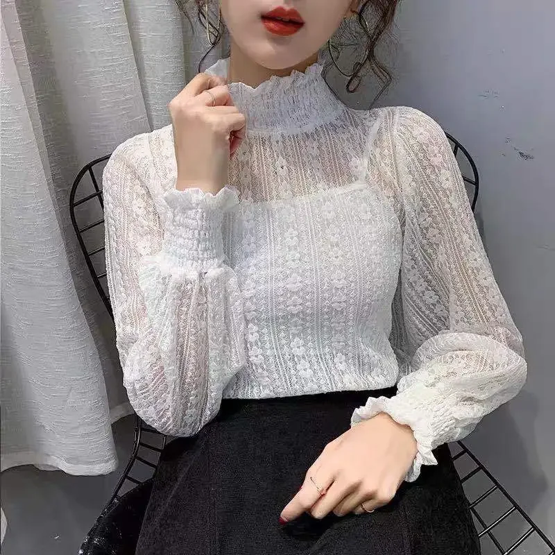 Women\'s Turtleneck Lace Autumn  Winter Long Sleeve Mesh Top Blouse Women Blusas Ropa De Mujer