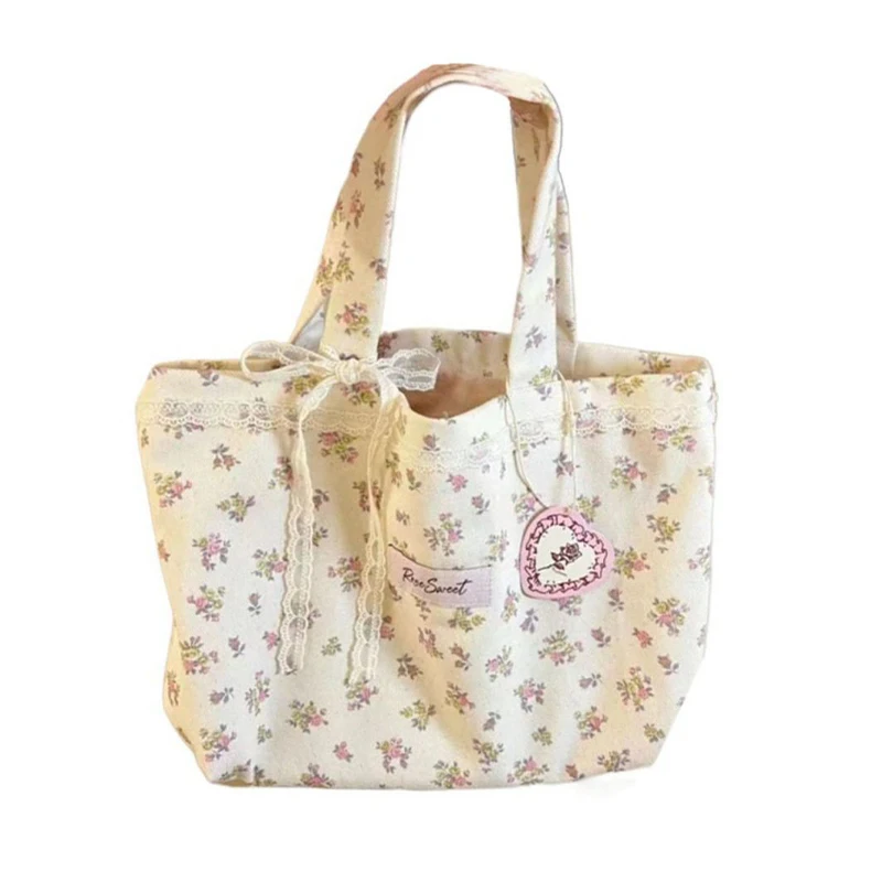 Women Large Capacity Canvas Tote Bag Sweet Yellow Floral Print Lace Forest Bow Wide Shoulder Strap Canvas Bag