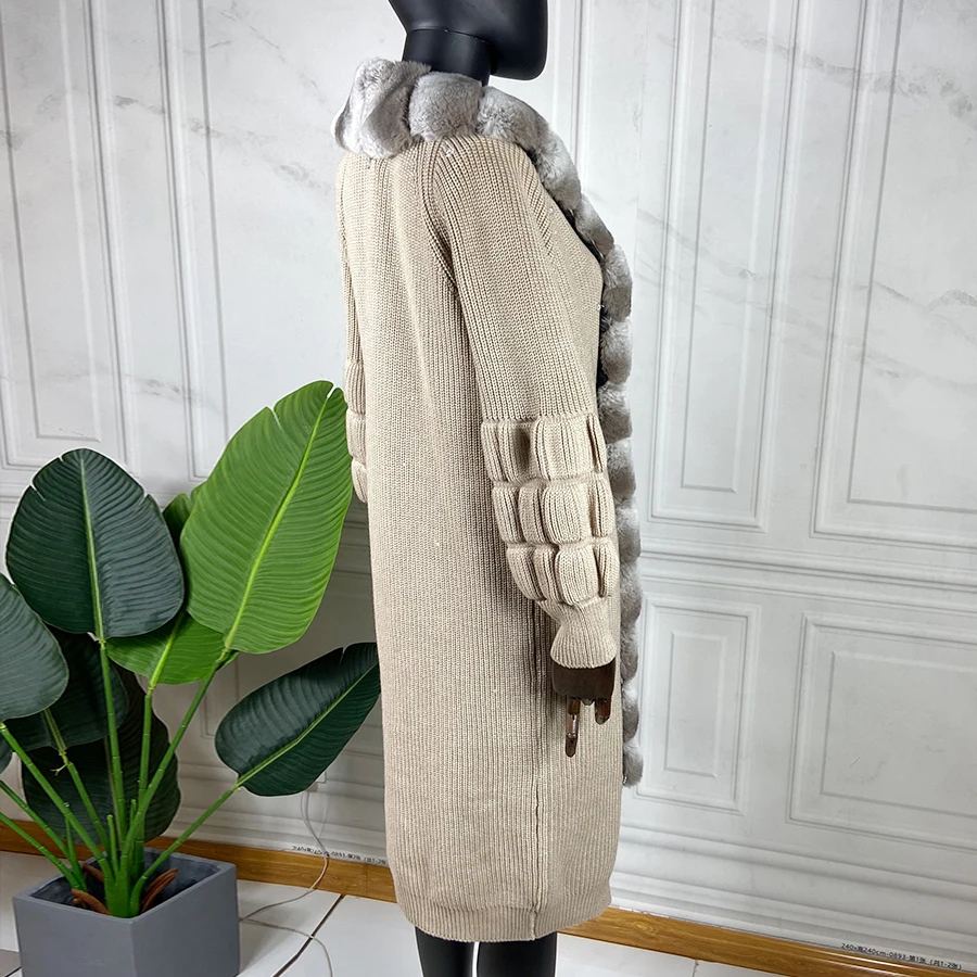 Suéter de cachemira para mujer, cárdigan de piel, Poncho de moda de invierno, adorno de piel de conejo Rex