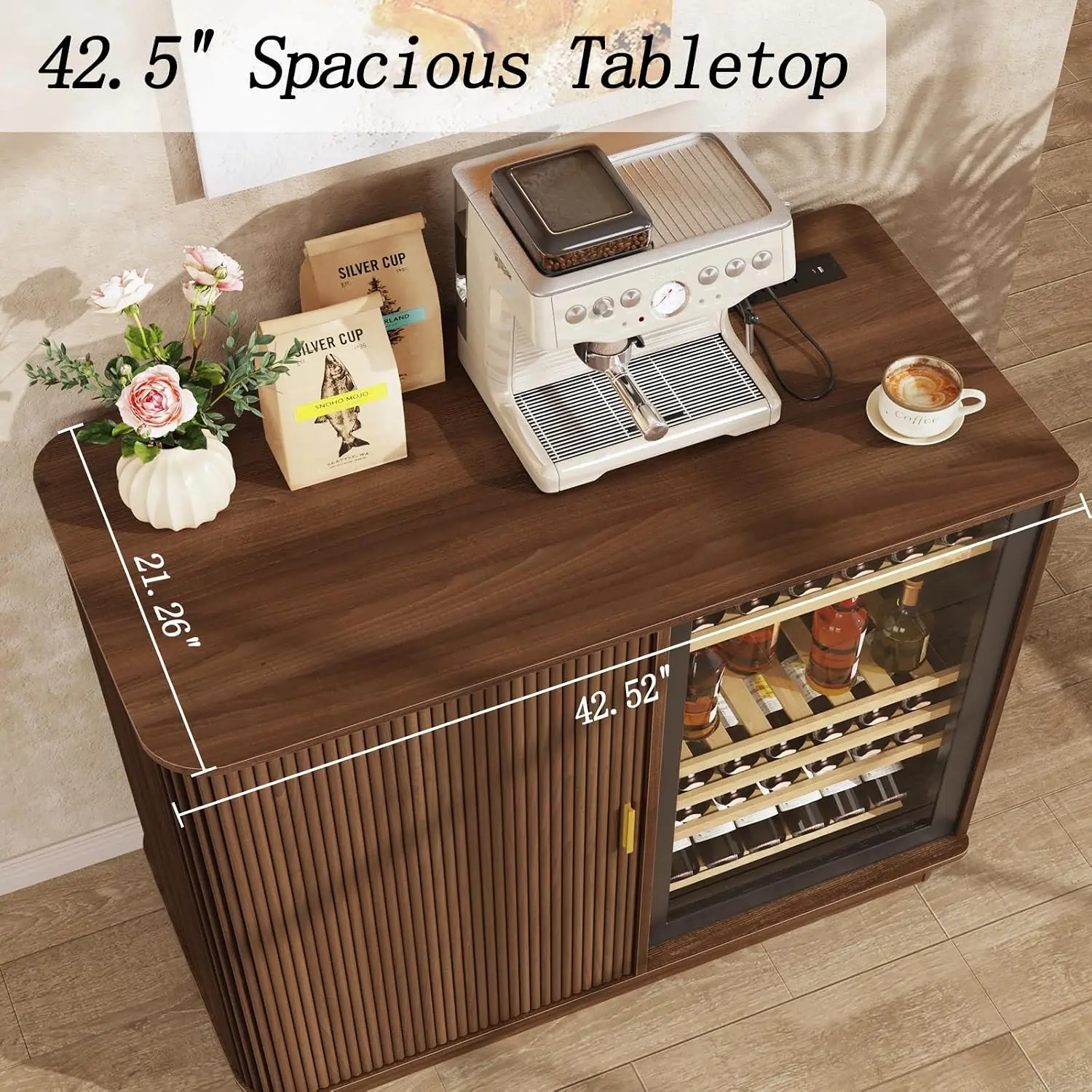 Coffee Bar Cabinet with Fridge Space, 42.5” Mini Fridge Cabinet | Fits Most Mini Fridges, Power Outlet & Wine Glass Racks, Modern Fluted Sliding Door, Coffee Bar & Wine Storage, Walnut image 6