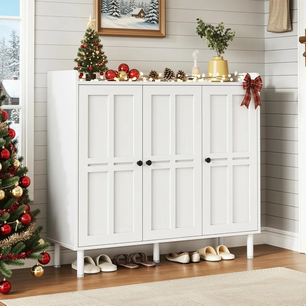 Shoe Cabinet with 3 Doors and Adjustable Shelves, 30 Pairs Shoe Storage Cabinet, 40 Inch Tall Farmhouse Shoe Rack