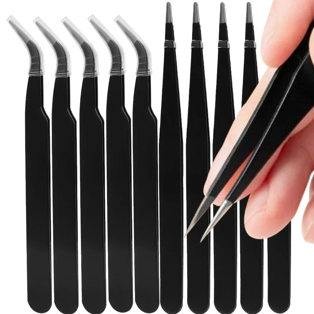 10PCS Curved Tip Eyelash Extension Tweezers with Protective Cover Stainless Steel Curved Tip Tweezer Nail Rhinestone Picker Tool