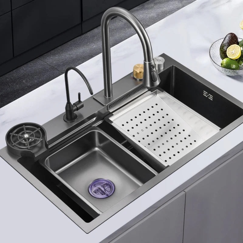 

Black Grey Nano Kitchen Sink Large Multiple Size Wash Basin Waterfall Single Bowl Topmount Undermount Kitchen Sink Faucet Drain