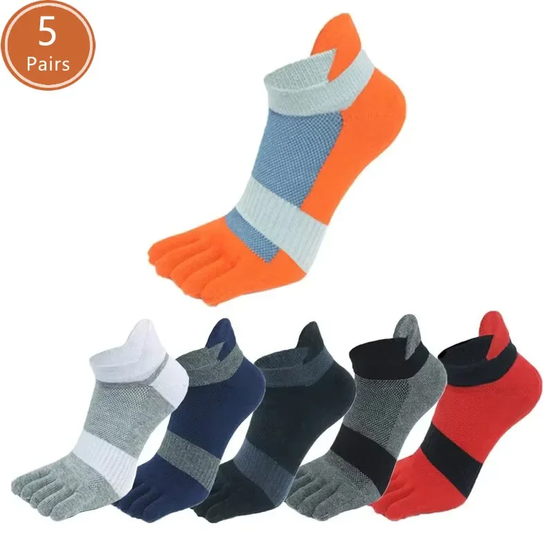 

5 Pairs Plus Size Five Finger Socks Ankle Sport Cotton Mens Striped Mesh Breathable Fitness Sweat-Absorbing Toe Socks No Show