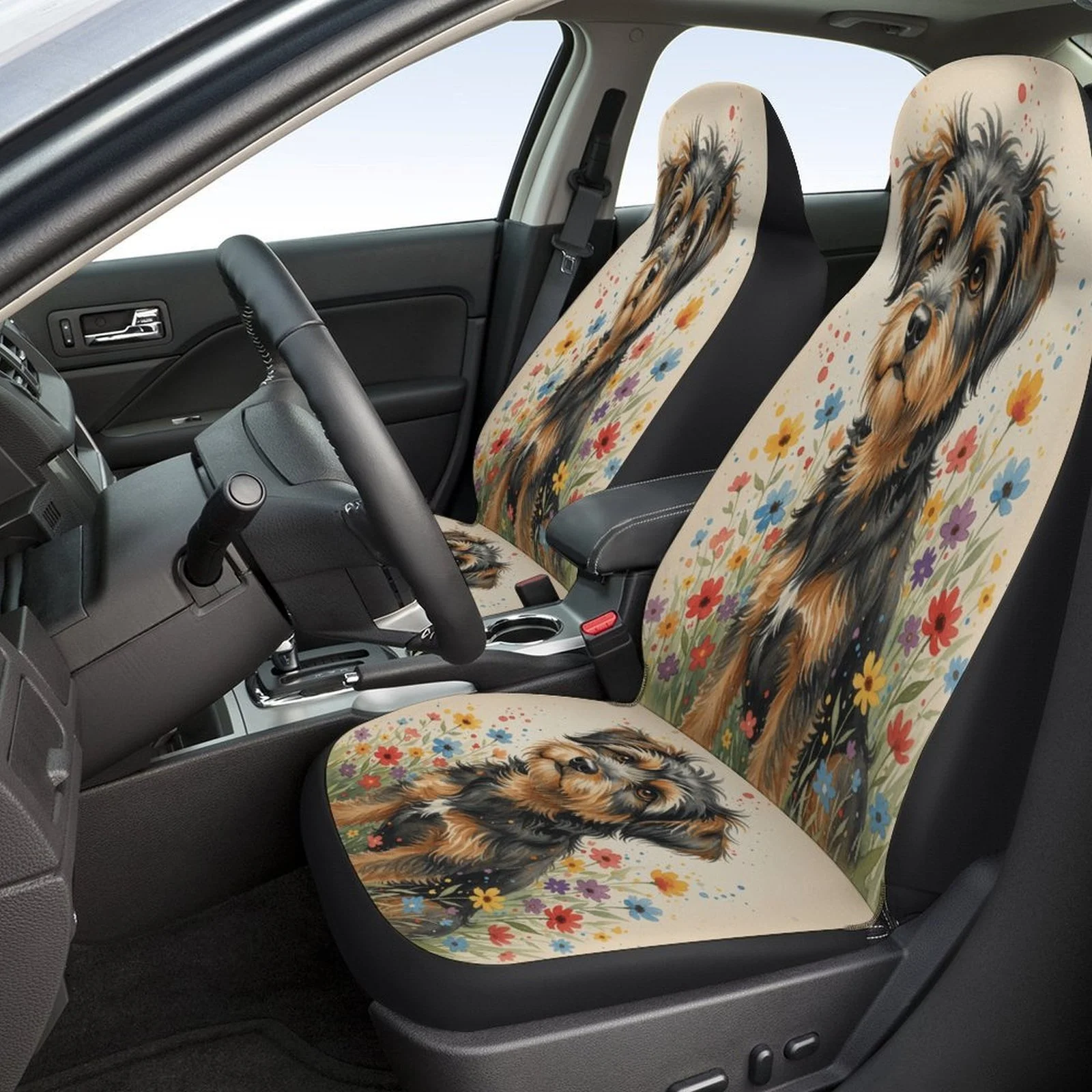 Set Of Car Seat Covers Featuring A Floral Dog Design, Suitable For A Variety Of Vehicles. Stylish And Durable, This Complete Set