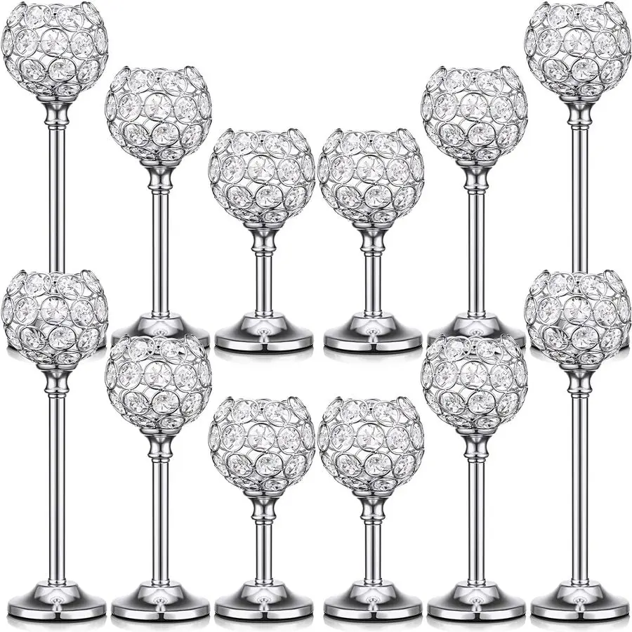 

12 Pack Crystal Candle Holders Gold or Silver Candle Holders Bulk Tealight Candlestick Crystal Candelabras for Wedding Party Val