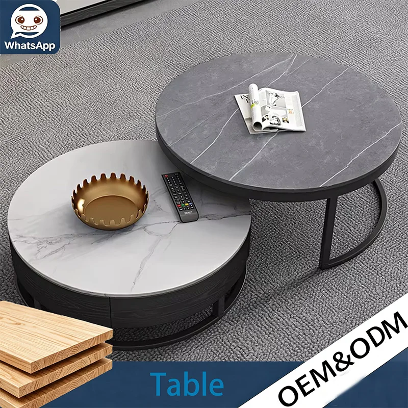 Hidden Storage Creative Round Wooden Coffee Table, 360° Rotating Surface Modern Center Tea Table Set for Home Living Space