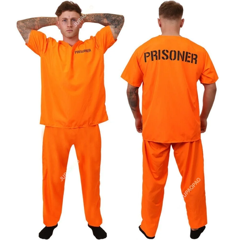 Adult Inmate Costume Orange Prisoner Jumpsuit Jailbird Outfit for Halloween Orange Prisoner Costume Men Jail Jumpsuit Costume