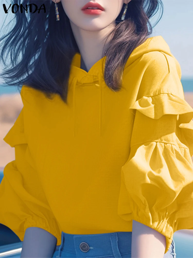 

2024 3/4 Sleeve Hoodies VONDA Women Casual Long Sleeve Swetashirts Autumn Winter Loose Solid Color Hooded Pullovers Oversized