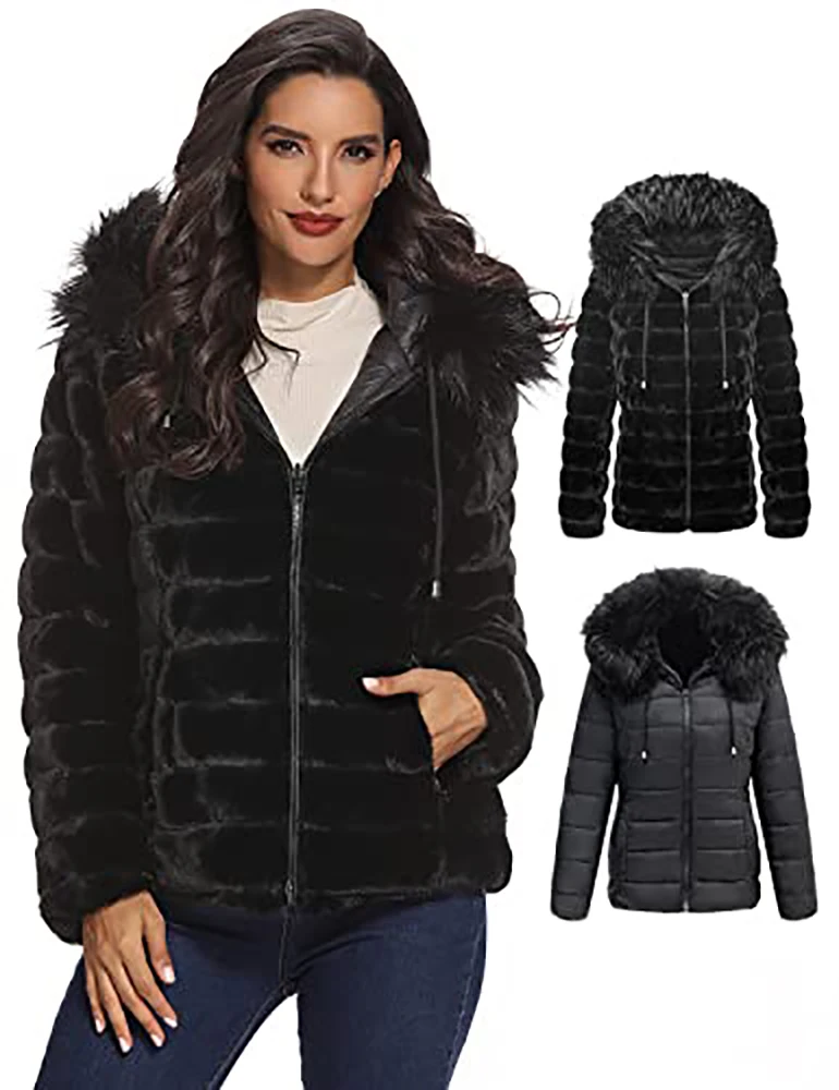 Giolshon Women Winter Double Sided Hooded Puffer Coat Detachable Faux Fur Collar Warm Female Fur Jacket Windproof Down Coat