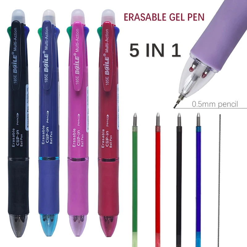 0.7mm Multi-Colored Erasable Gel Pen Black Blue Red Green 0.5mm Pencil 5 In 1 Writing Drawing Tools Kawaii Stationery