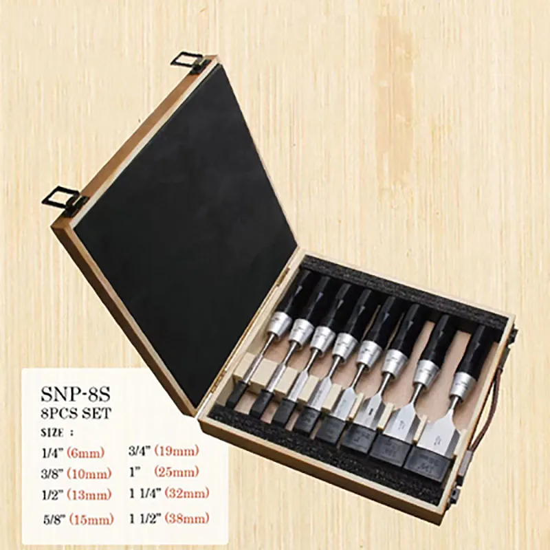 معالجة النجارة النقش شفرة نحت النجارة إزميل مسطح 8 قطعة مجموعة إزميل خشبية مع صندوق خشبي