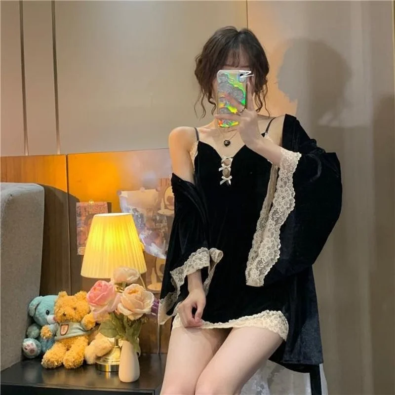 Gown Sets Women Comfortable Korean Style Breathable Kawaii Mini Ins Popular Homewear Basic Sweet Spring New Design Lace Bow Cozy