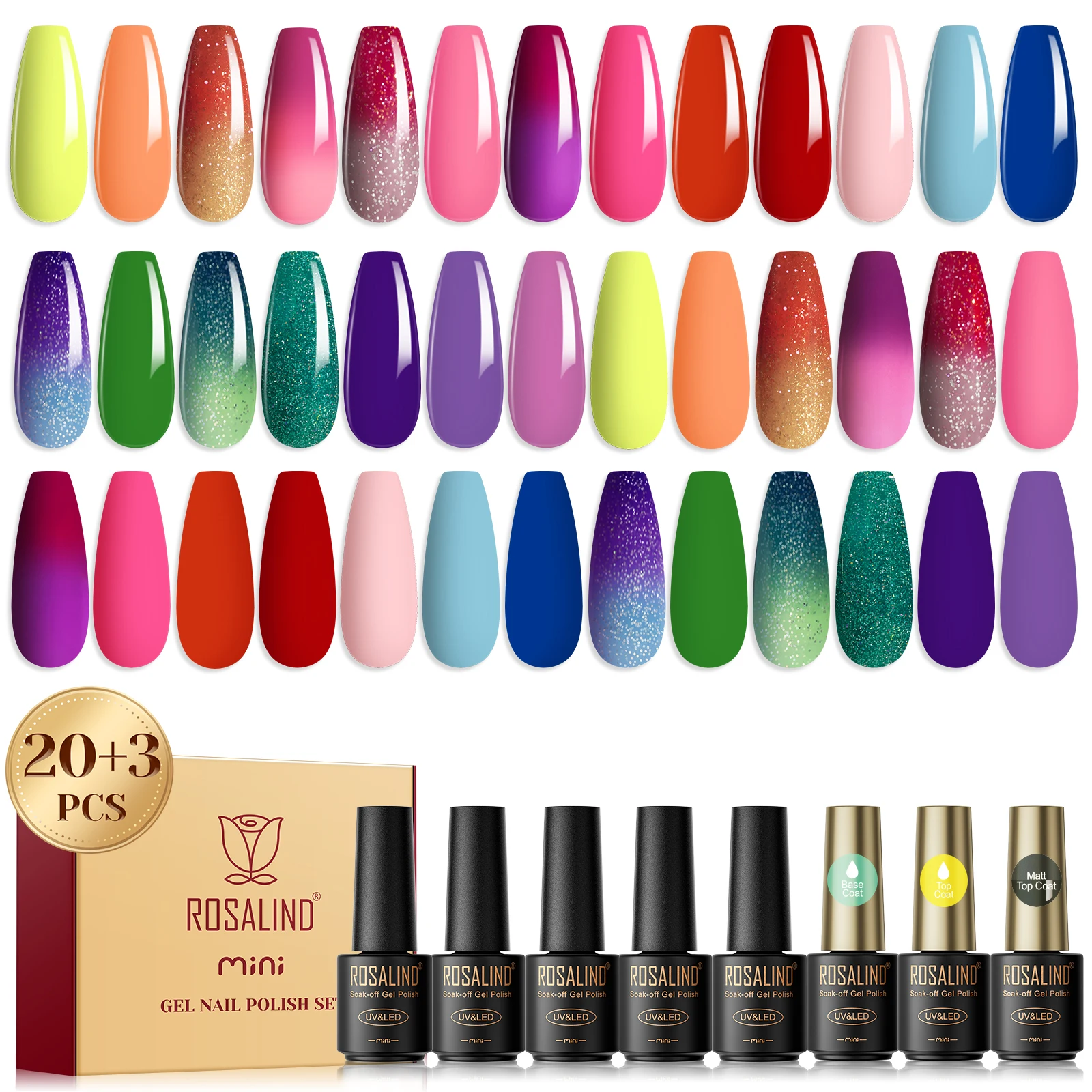 Rosalind 23-teiliges Gel-Nagellack-Set, glänzende und matte obere und untere Beschichtung, UV-Nagelset, Essie-Basislack, Nagellack, LED-Nagellampe