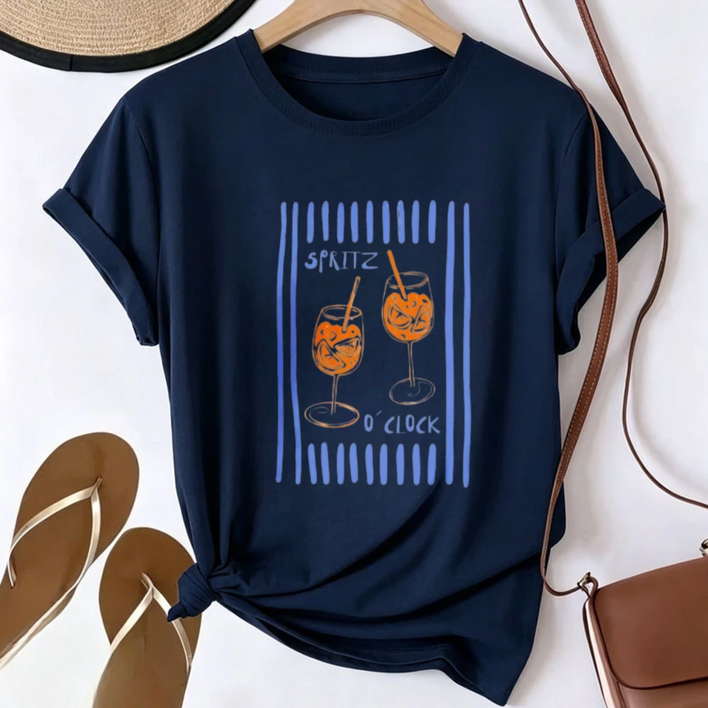 Spritz O'Clock Graphic T Shirt Hand Drawn Aperol Cocktail Drink Print Retro Striped Art Casual Tee Wine Glass Happy Hour Tops