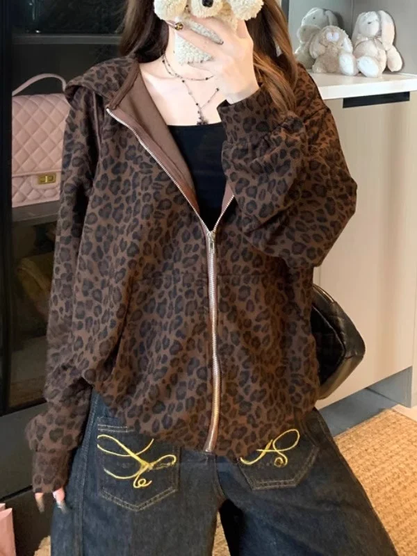 

Retro Hong Kong Style Leopard Print Sweatshirt Jacket Women's Casual Long Sleeve Spring Autumn Zipper Hooded Top
