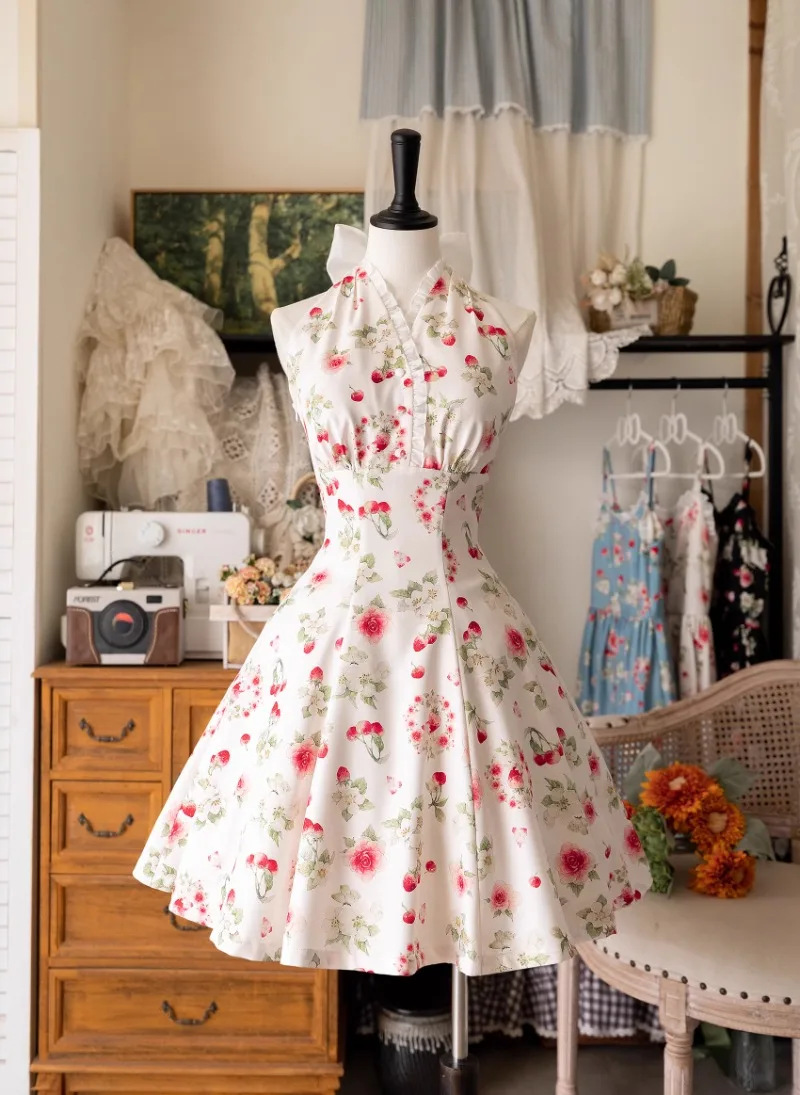 Japanese Lolita Style Summer New Retro Elegant Classic Dress Rojita Floral Hanging Neck Knee-Length Slim Fit Vestidos De Mujer