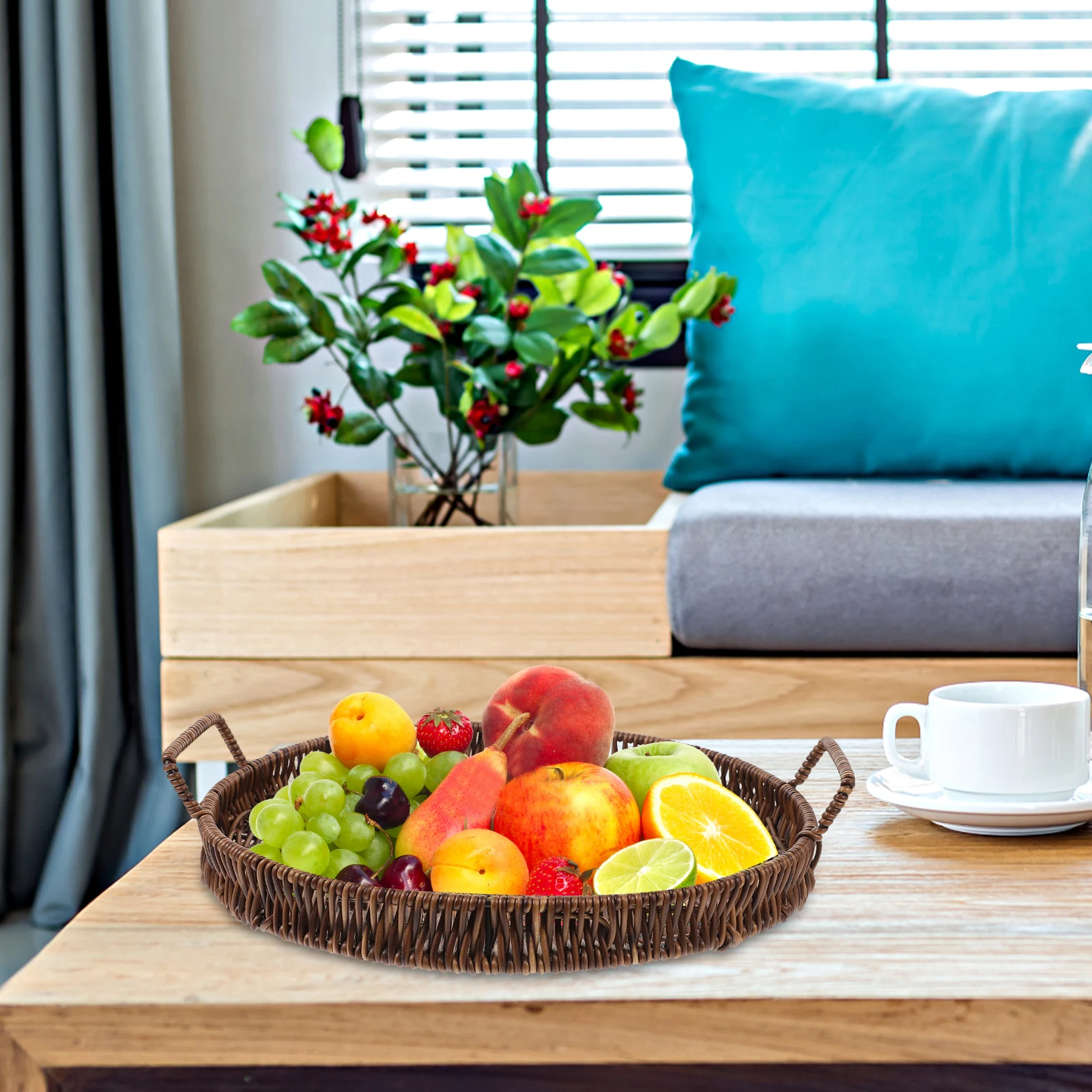 

PP Imitation Rattan Round Decorative Coffee Table Tray Woven Basket Fruit Plate Storage Trays L667 1 Double Ear Wicker Basket