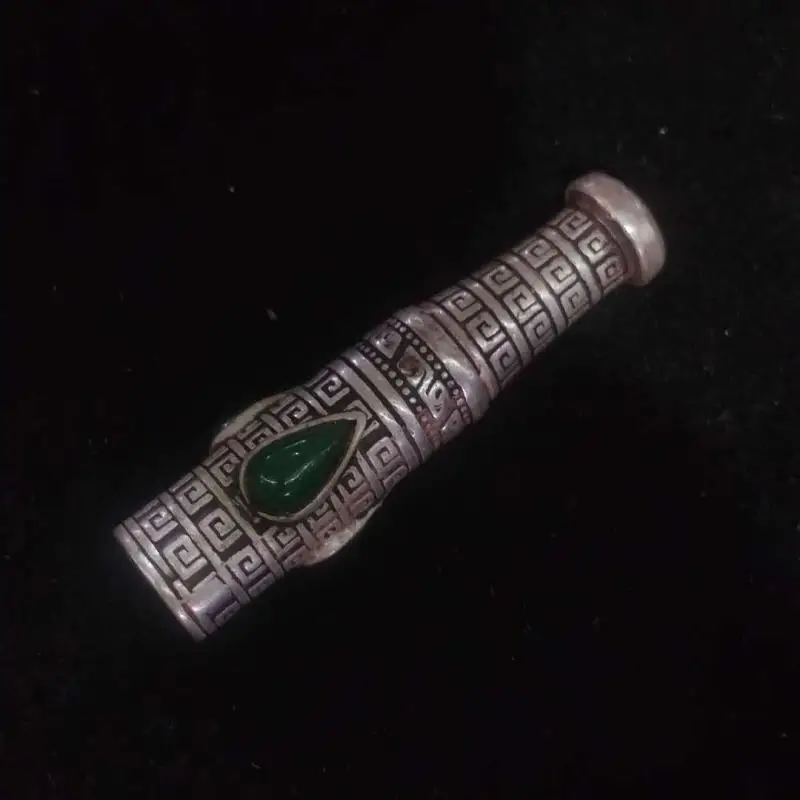 

2.8" Old Chinese Silver Inlay Green Jade Dynasty Palace Cigarette Holder Pendant